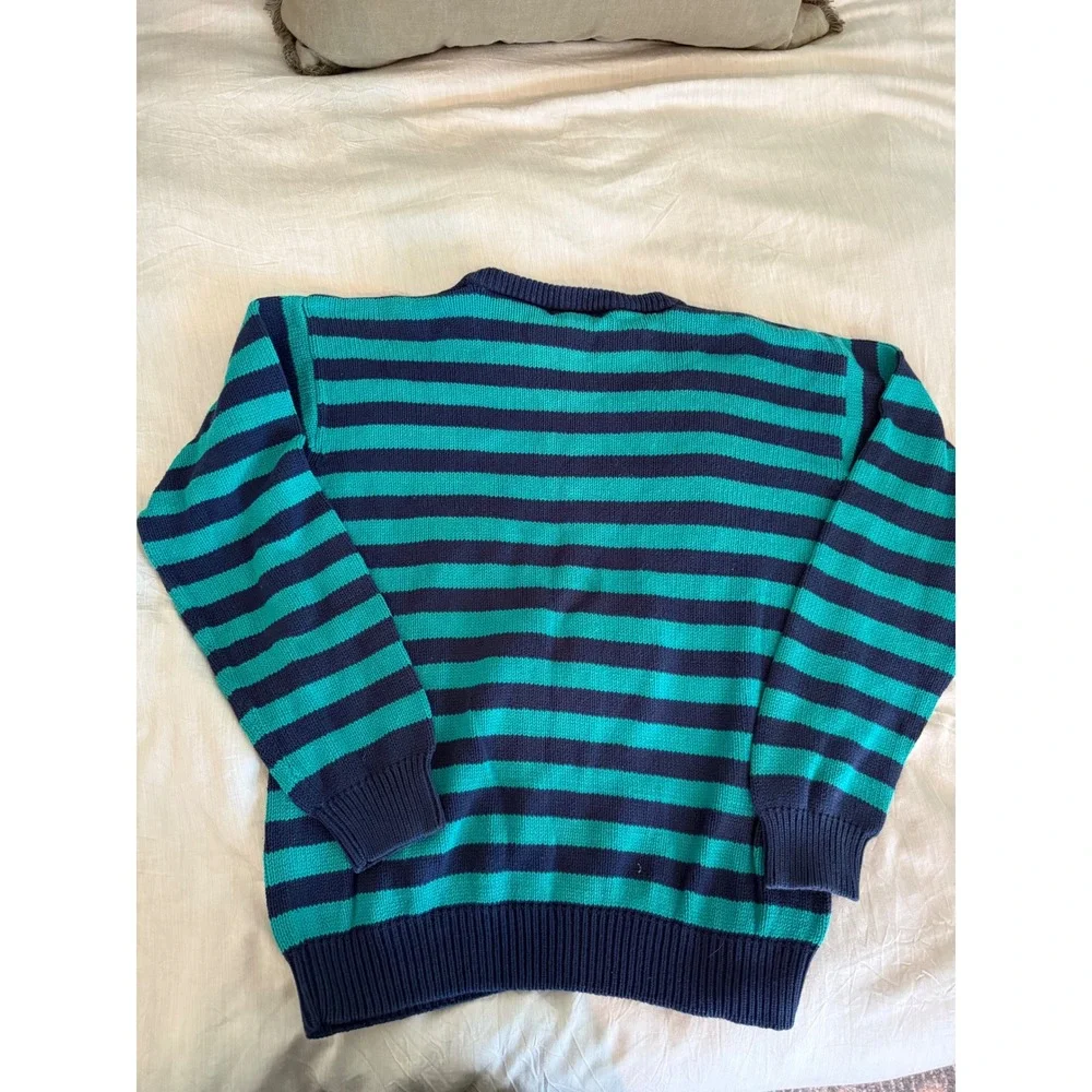 Vintage Lord & Taylor Men's XL‎ Striped Cotton Sweater Teal Navy 90s Crewneck